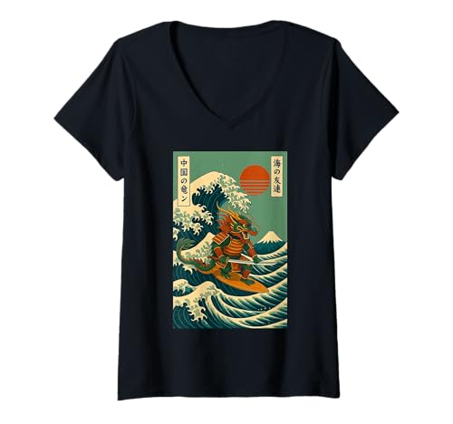 Damen Drache Samurai Surfen Japanische Welle T-Shirt mit V-Ausschnitt von Drache Surfer Große Welle Katana Anime Kawaii