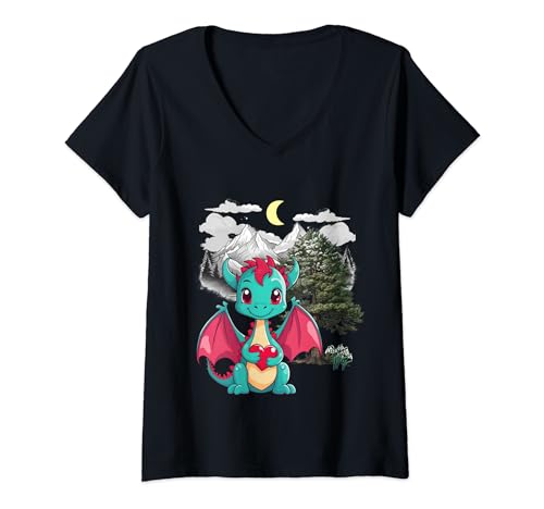 Damen Märchenfigur Märchen Kind Kinder Fabeltiere Drachen Drache T-Shirt mit V-Ausschnitt von Drachen Dinos Geschenkideen für Kinder Geschenke