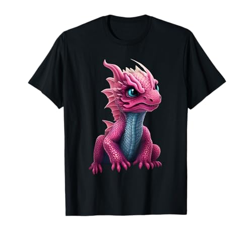 Drache niedlich Süß Teenager Kinder Mädchen Tier Mode Pink T-Shirt von Drachen Figur Deko Outfit Mädchen Kostüm Geschenke