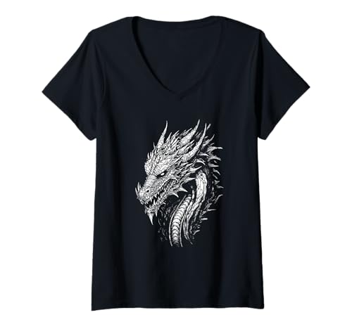 Damen Fantasy Drache T-Shirt mit V-Ausschnitt von Drachen und Fantasy Artfowk