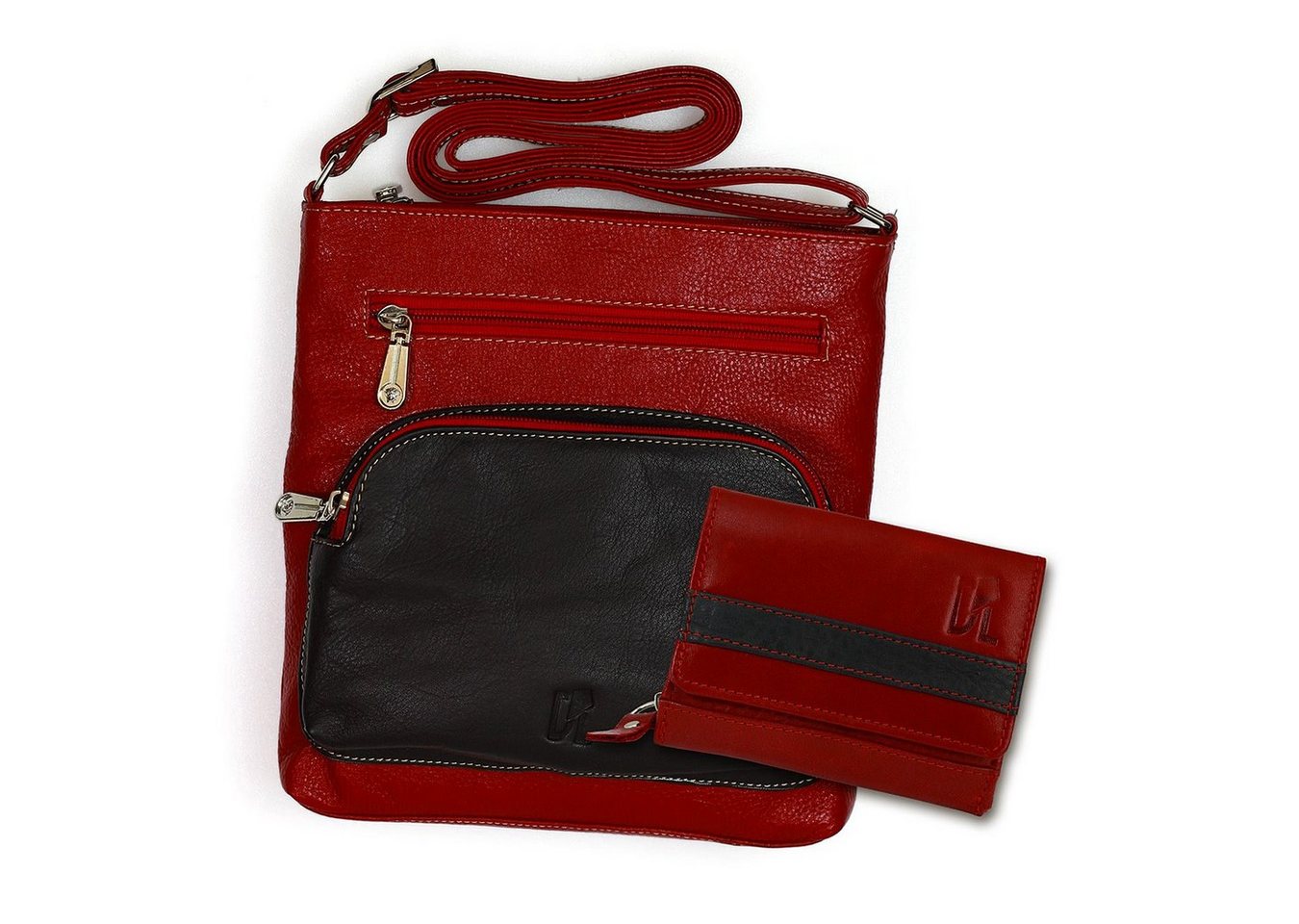 DrachenLeder Handtasche Umhängetasche + Geldbörse Set Leder rot (Handtasche, 2-tlg), Handtasche, Geldbörse Echtleder, rot, schwarz von DrachenLeder