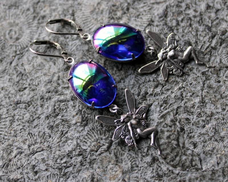 Cabochon-Ohrringe Blaue Fee Blau Aurora Borealis | Silber Vintage von Drachenfliege