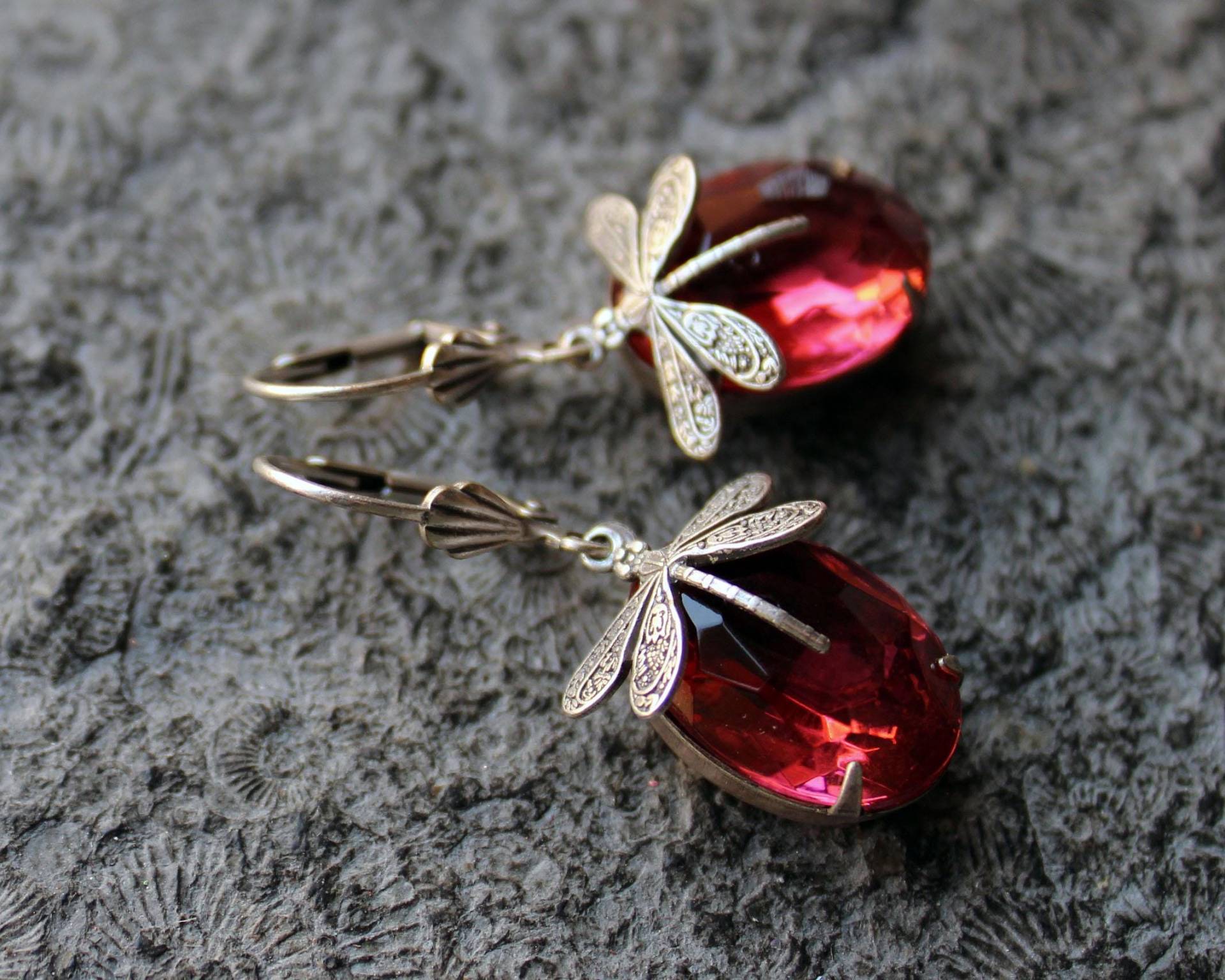 Cabochon-Ohrringe Fuchsia-Libellen Rosa | Silber Vintage von Drachenfliege