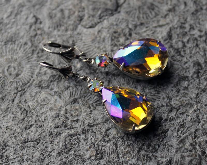 Cabochon-Ohrringe Grazia Silber | Dark Yellow Ab Strass Vintage von Drachenfliege