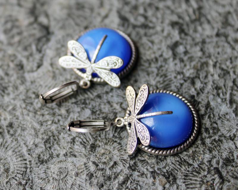 Cabochon-Ohrringe Opal-Libellen Blau | Silber Vintage von Drachenfliege