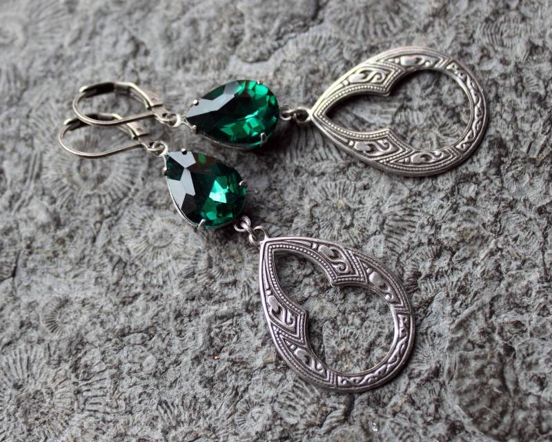 Cabochon-Ohrringe Scheherazade Silber | Grün Vintage von Drachenfliege