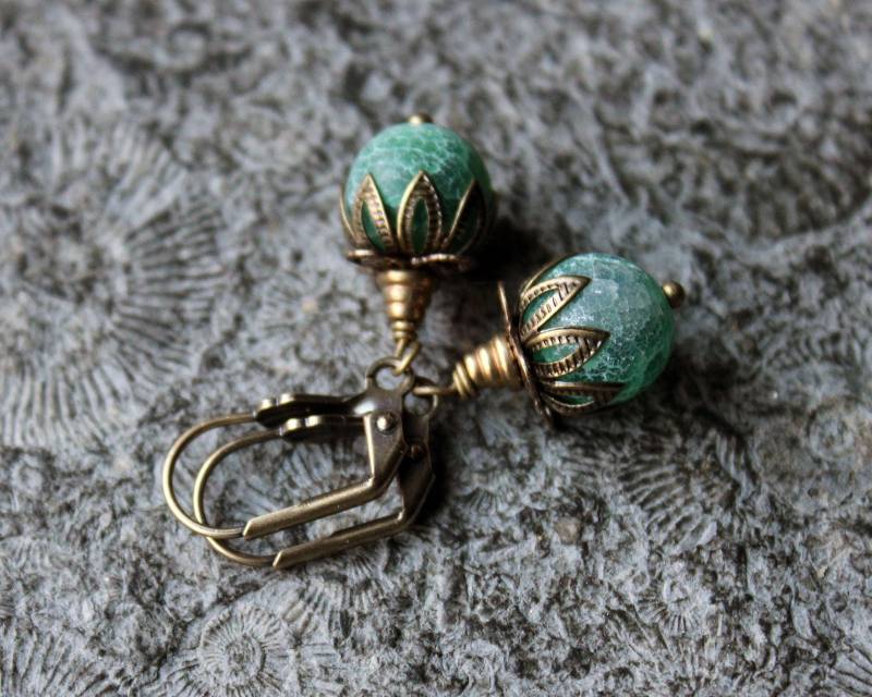 Edelstein-Ohrhänger Achat Grün | Messing Vintage von Drachenfliege