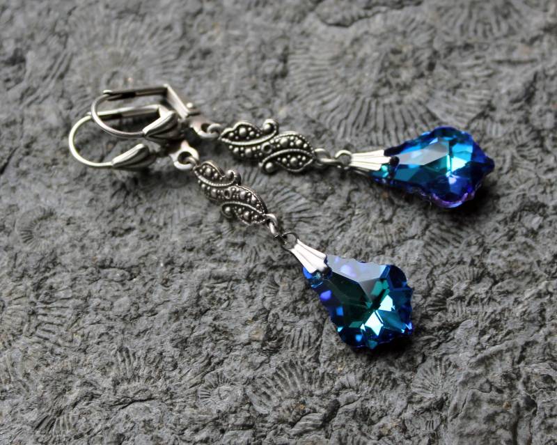 Glastropfen-Ohrhänger Curacao Blau | Silber Aurora Borealis Vintage von Drachenfliege