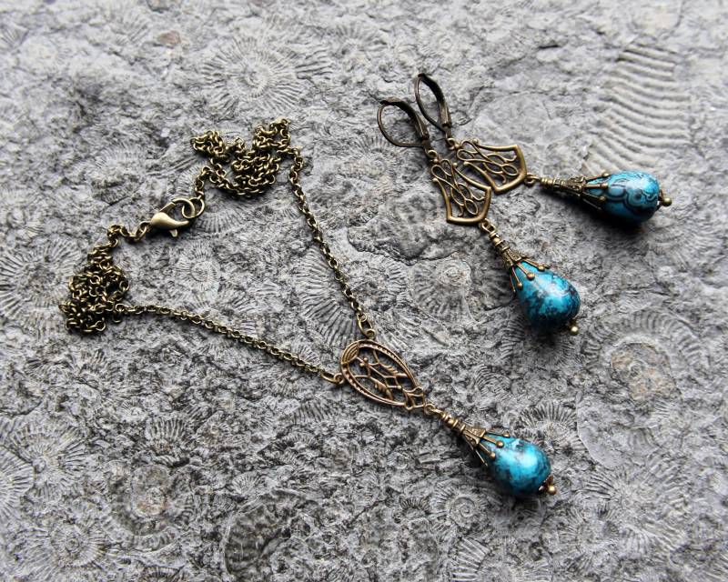 Jaspis Edelstein Schmuck-Set Jugendstil Blau | Bronze Vintage von Drachenfliege