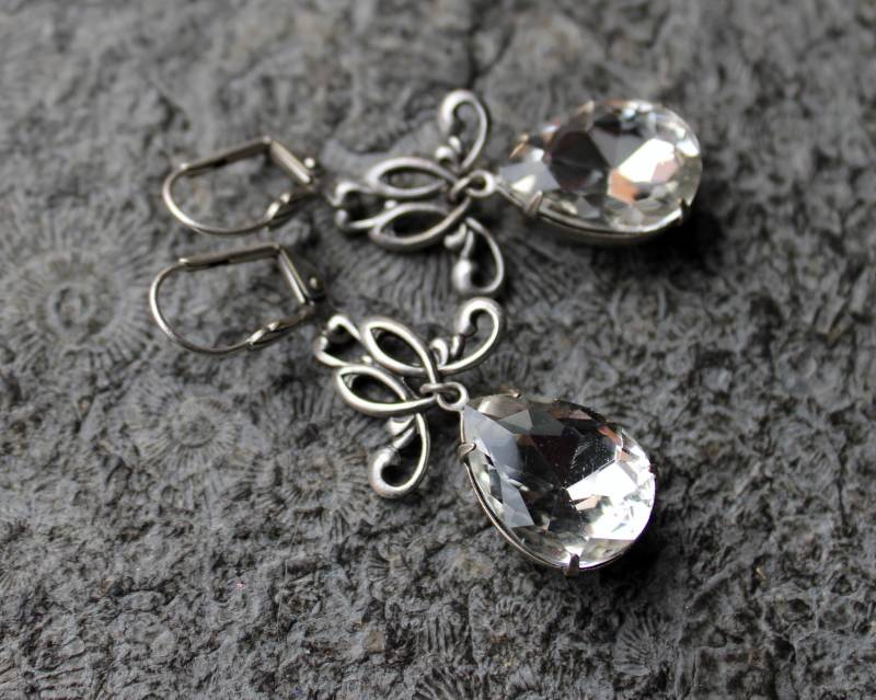 Unikat Cabochon-Ohrhänger Helene Crystal Clear | Silber Jugendstil von Drachenfliege