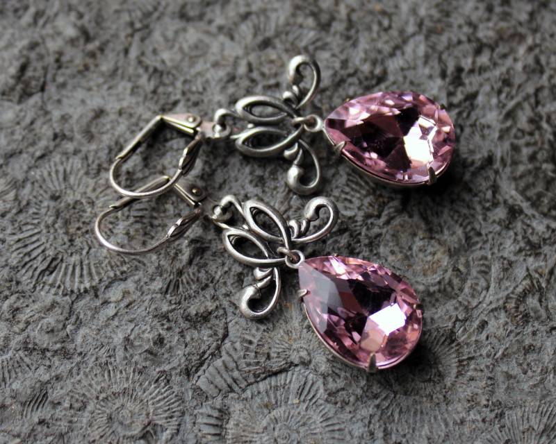 Unikat Cabochon-Ohrhänger Helene Light Rose | Silber Jugendstil von Drachenfliege