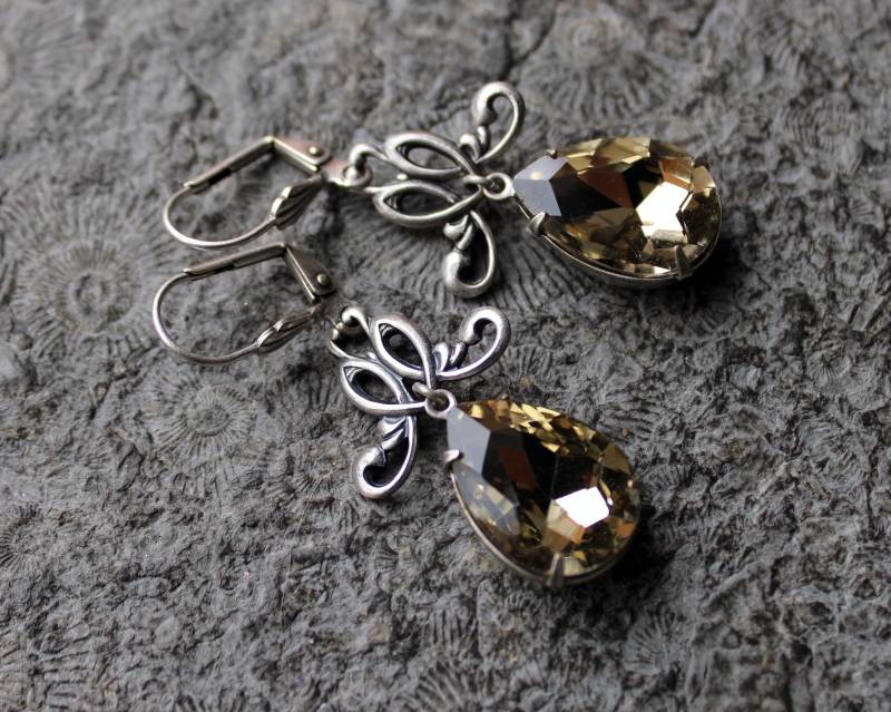 Unikat Cabochon-Ohrhänger Helene Smoked Topaz | Silber Jugendstil von Drachenfliege