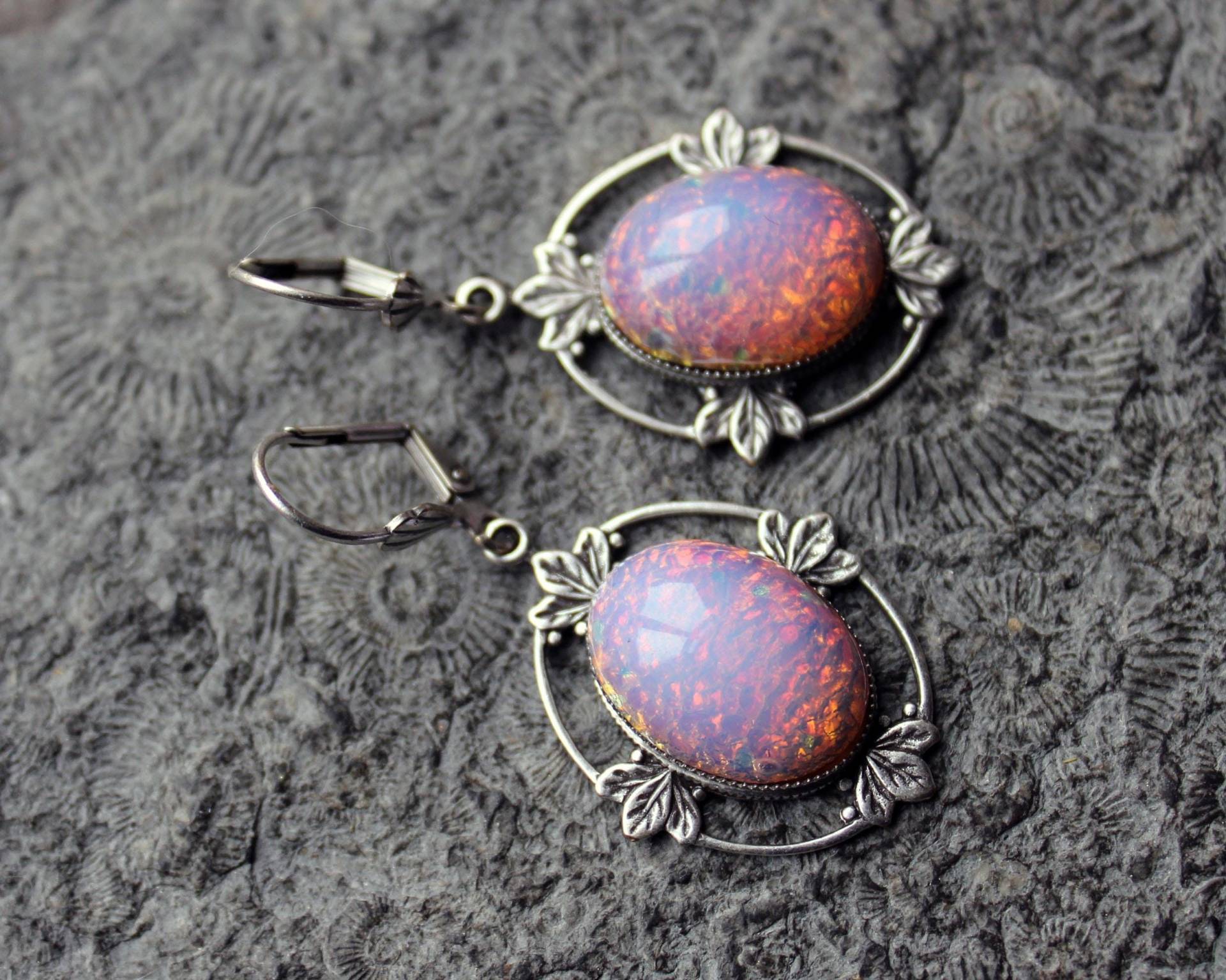 Unikat Cabochon-Ohrringe Cherry Blossom Opal Silber Vintage von Drachenfliege