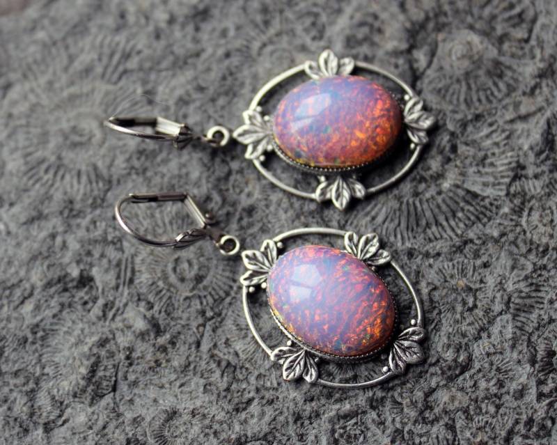 Unikat Cabochon-Ohrringe Cherry Blossom Opal Silber Vintage von Drachenfliege