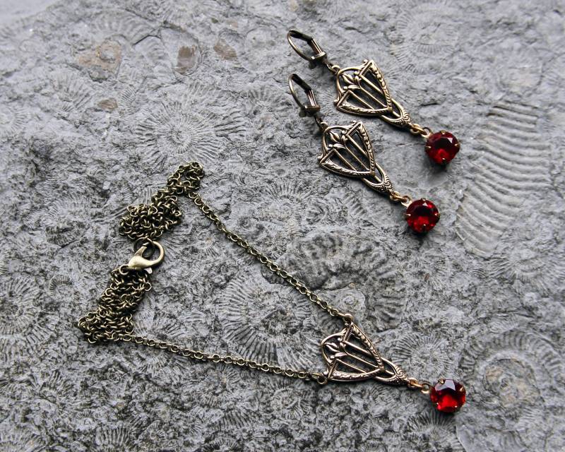 Unikat Cabochon Schmuck-Set Jugendstil Messing | Bronze Rot von Drachenfliege