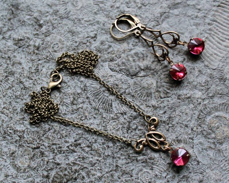 Unikat Cabochon Schmuck-Set Melisandre Fuchsia | Bronze Vintage Jugendstil von Drachenfliege