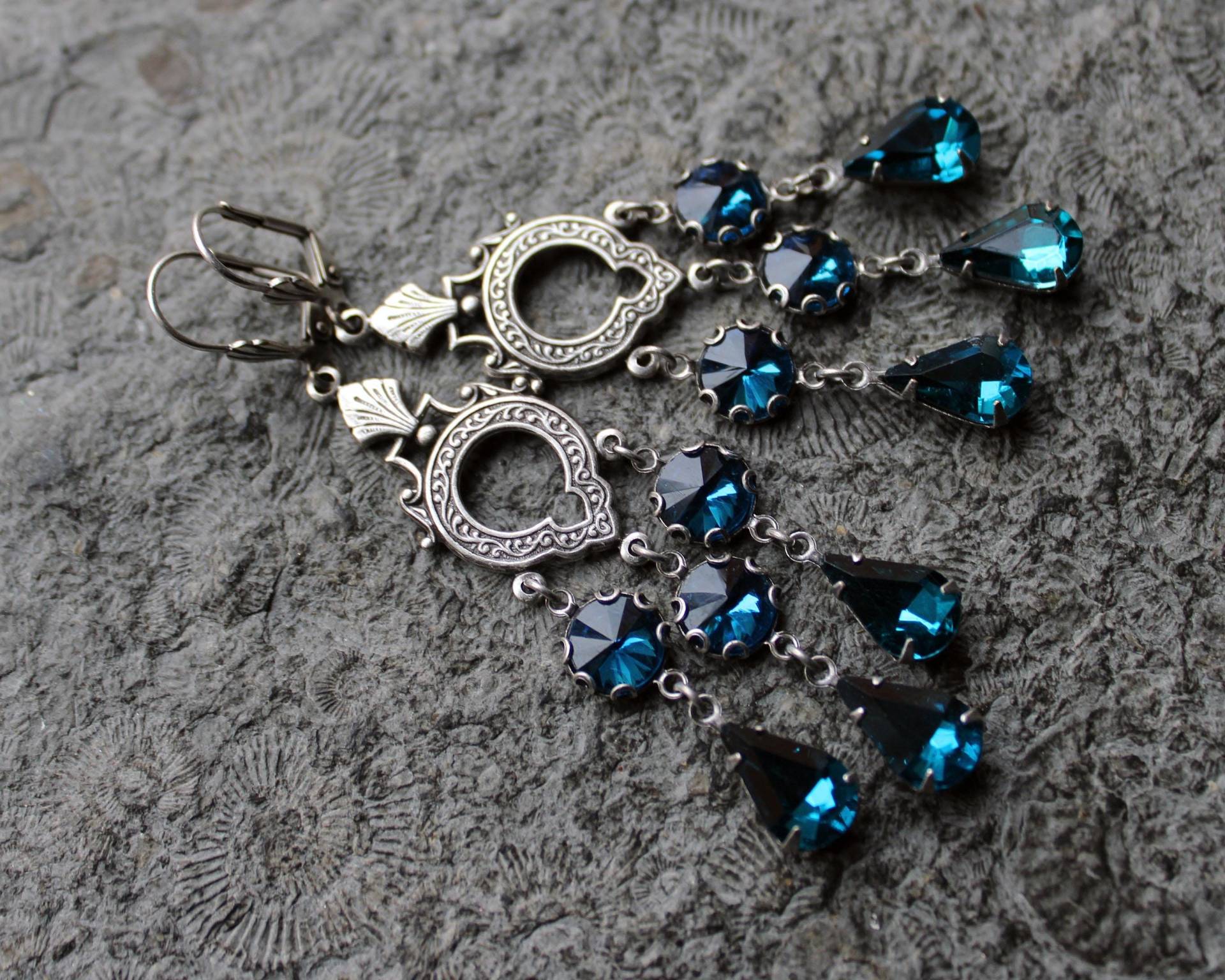 Unikat Chandeliers Gala-Ohrringe Blue Zircon Blau | Silber Vintage von Drachenfliege