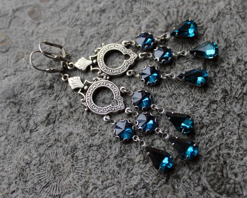 Unikat Chandeliers Gala-Ohrringe Blue Zircon Blau | Silber Vintage von Drachenfliege