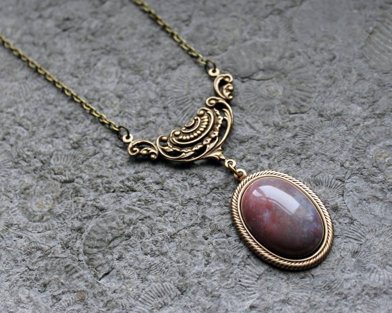 Unikat Edelstein-Collier Achat Bunt Kette Messing | Bronze Vintage von Drachenfliege