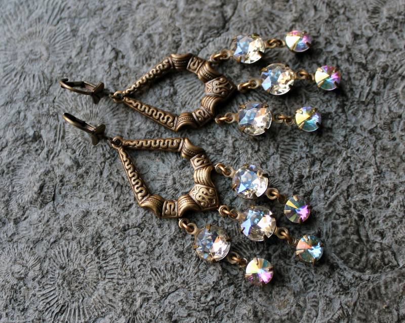 Unikat Gala-Ohrringe Chandeliers Crystal Ab Messing | Transparent Vintage Unikat Gala-Ohrringe Chandeliers Crystal Ab Messing | Transparent Vintage von Drachenfliege