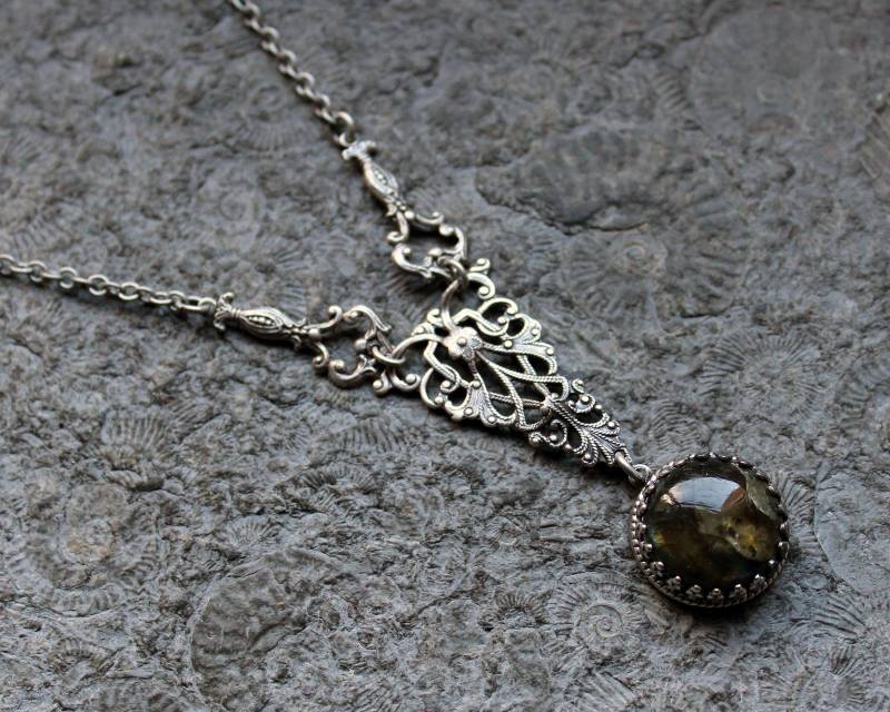 Unikat Vintage Edelstein-Kette Labradorit Collier Grau | Silber von Drachenfliege