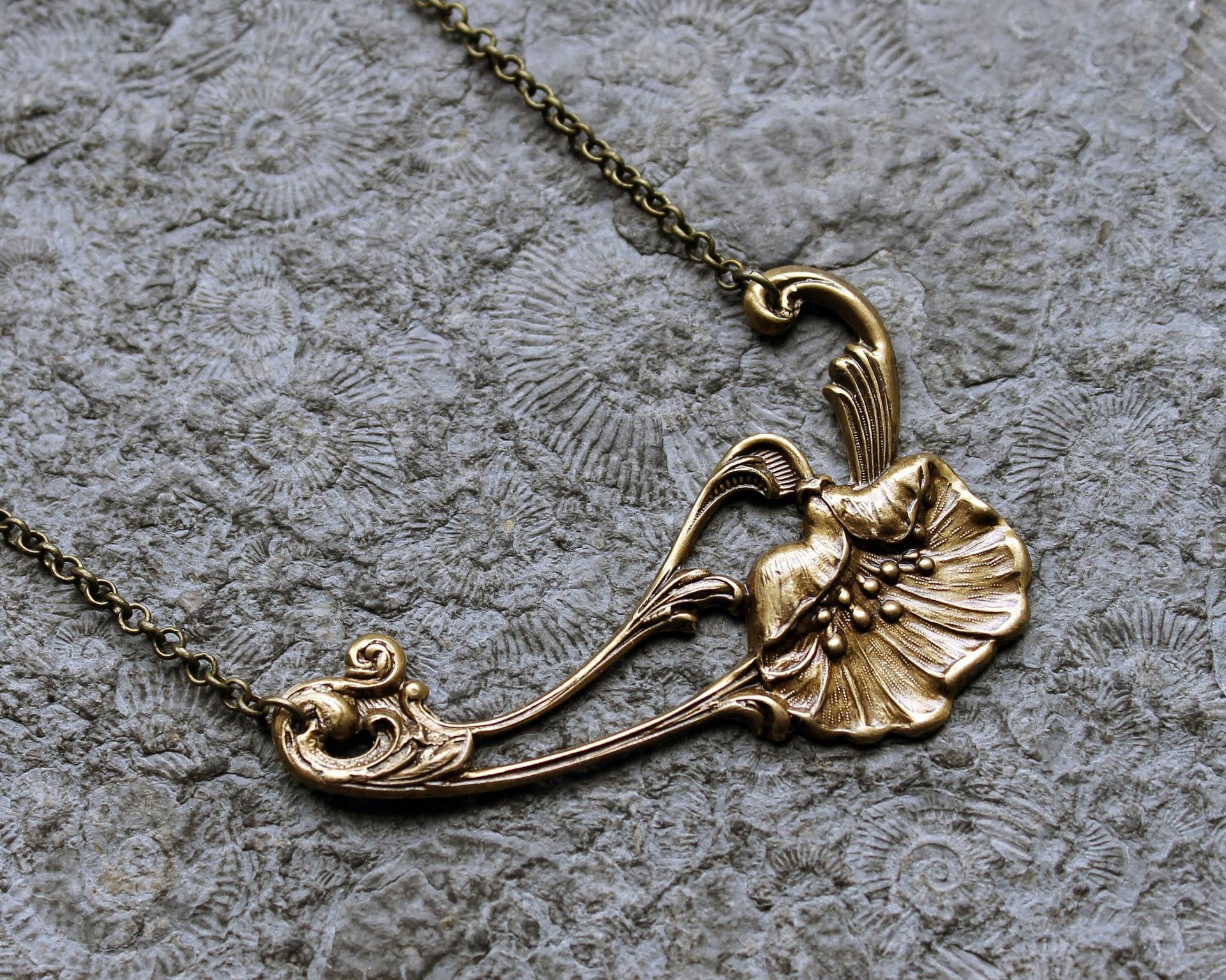 statement Collier-Kette Mohnblüte Bronze | Messing Jugendstil von Drachenfliege