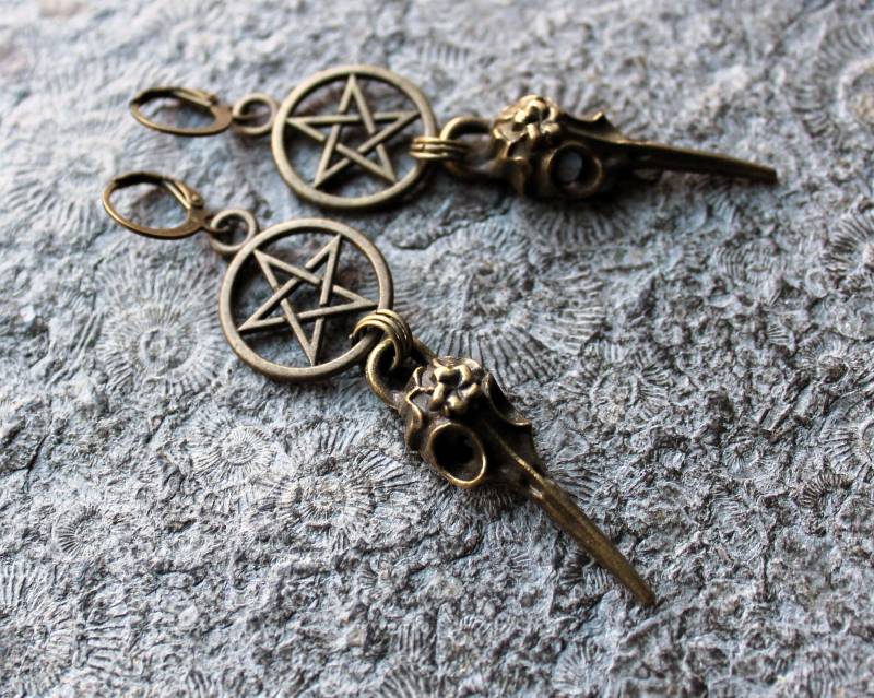 statement-Ohrringe Pentacle Raven Bronze Pentagramm Pagan Wicca von Drachenfliege