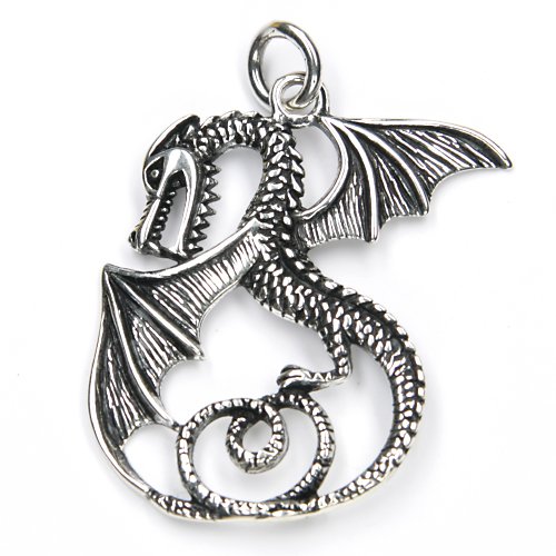 Drachensilber Anhänger großer Drache mystisch Schmuck Anhänger Fantasy Larp 925 Silber Biker Gothic Kettenanhänger von Drachensilber