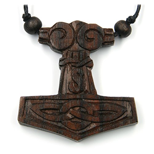 Drachensilber Thors Hammer Schmuck Holz Wikinger Kettenanhänger Schnitzerei Mjölnir Handarbeit Kette inkl. Band von Drachensilber