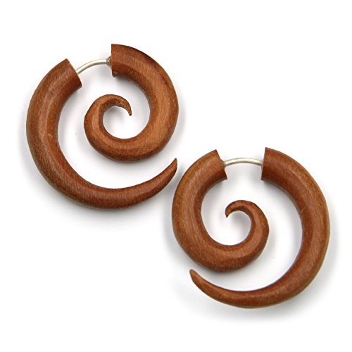 Drachensilber Spirale Schmuck Ohrschmuck Fake Piercing rotes Holz Kringel Ohrring Verschluss Silber Paarpreis 100% Handarbeit von Drachensilber