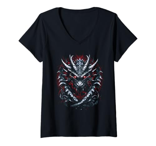 Damen Fantasy Drache Mittelalter Gaming, Rollenspiele Mythologie T-Shirt mit V-Ausschnitt von Drachenwelt Fantasy Mittelalter