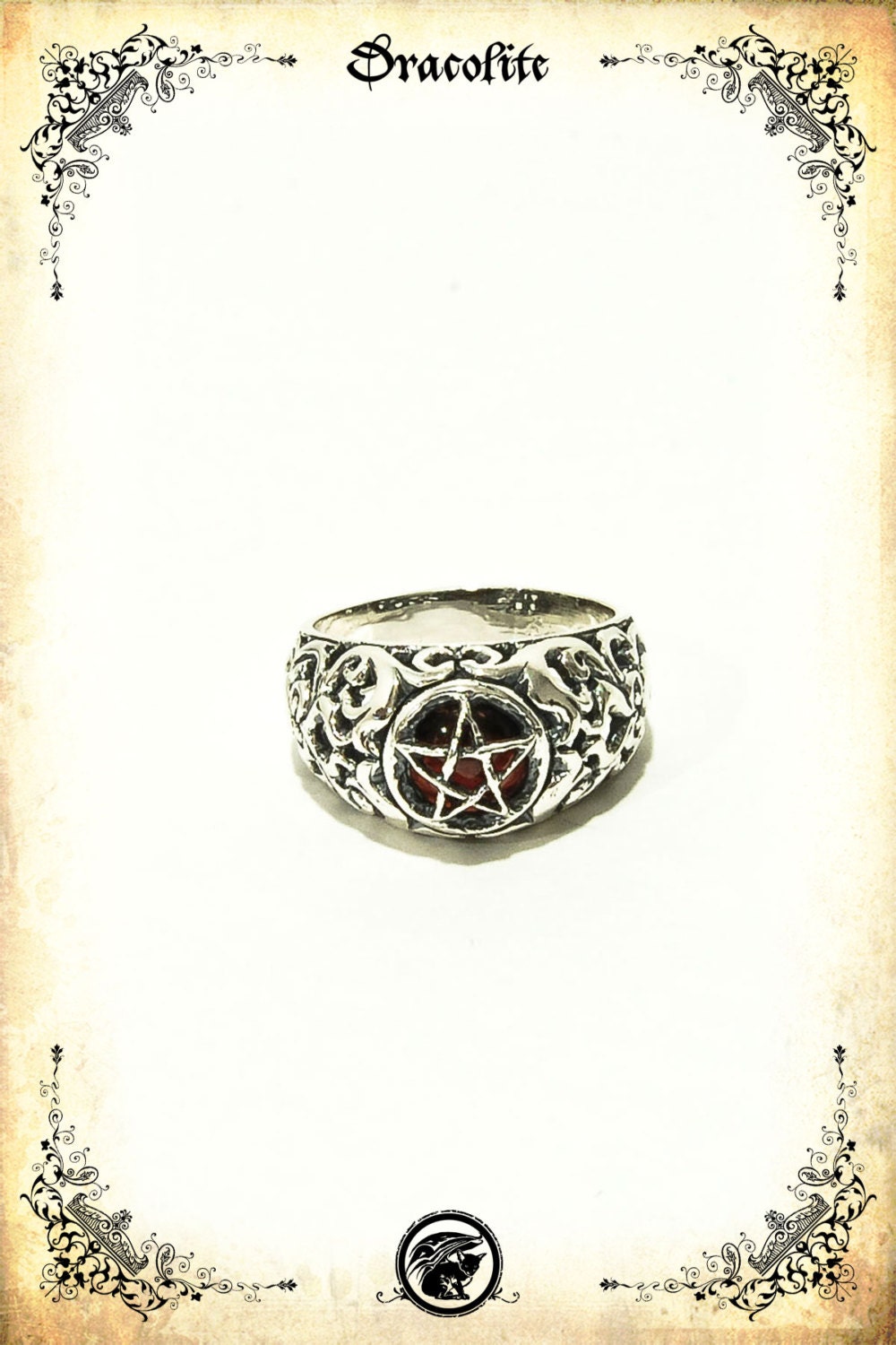 Pentagramm Bathory Ring Mit Granat - Sterling Silber 925 von Dracolite