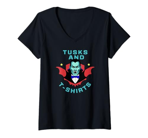 Damen Zähne Vampir Kostüm Stil Halloween Humor T-Shirt mit V-Ausschnitt von Dracula Nacht Spukiger Spaß Konzept