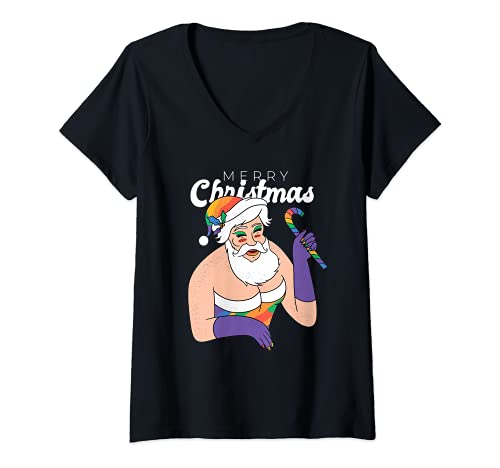 Damen Drag Queen Weihnachtsmann Regenbogen Weihnachten LGBTQ Holiday Pride T-Shirt mit V-Ausschnitt von Drag Queen Santa Claus Rainbow Christmas LGBTQ
