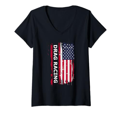Damen Drag Racing T-Shirt mit V-Ausschnitt von Drag Racing Patriotic USA Flag