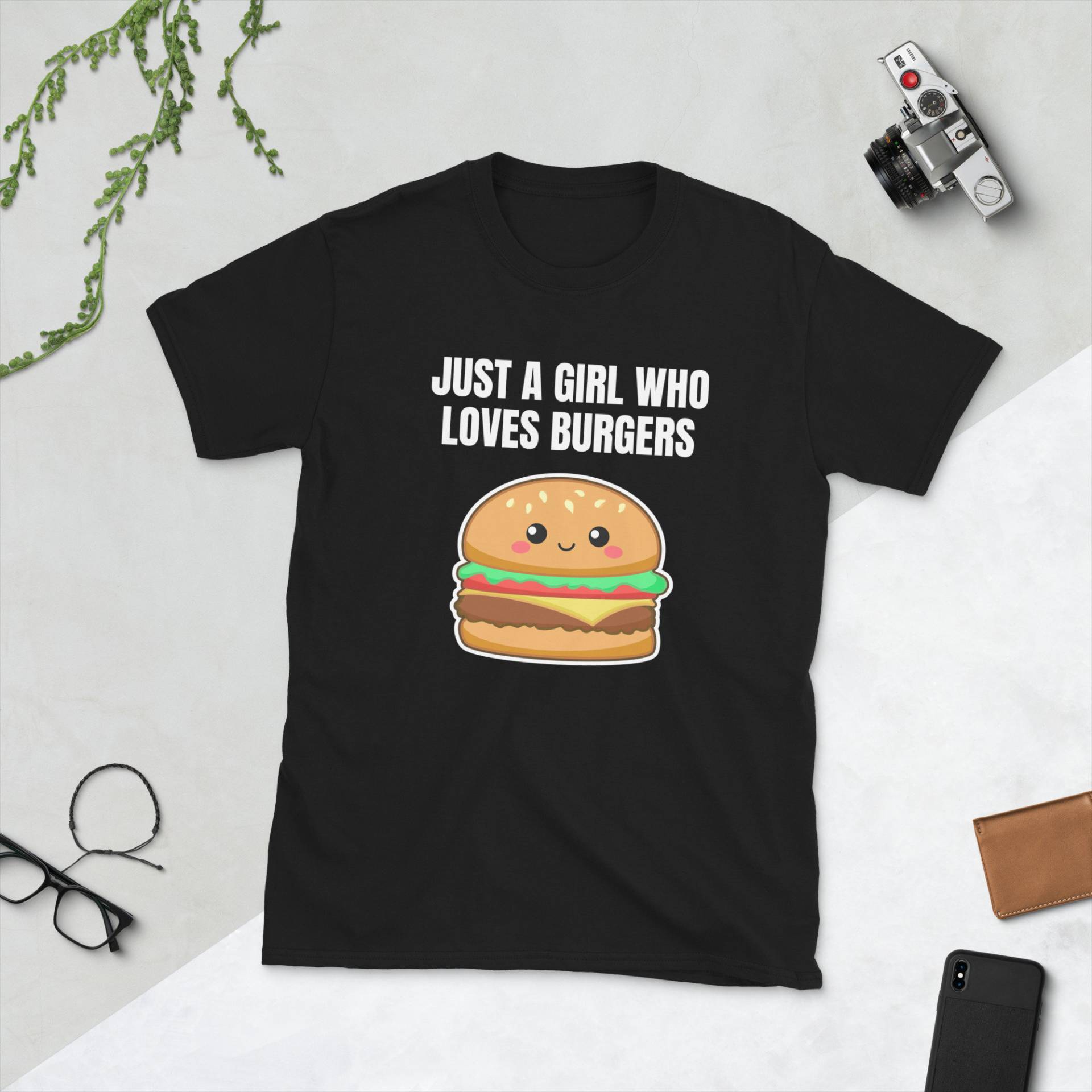 Just A Girl Who Loves Burgers Cheeseburger Hamburger Fast Food Liebhaber Kawaii Foodie Lustiges Pun Geschenk Kurzärmeliges Unisex T-Shirt von Dragnloc