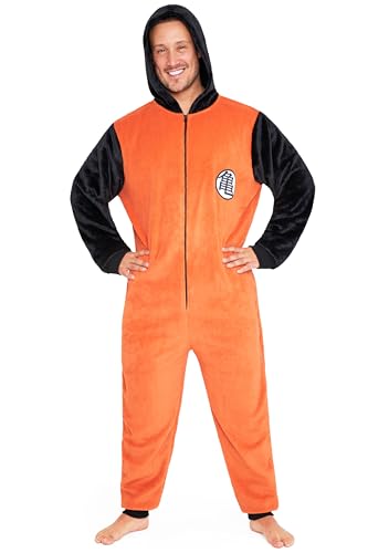 Dragon Ball Z Herren Fleece Overall mit Kapuze, Bequemer Schlafanzug – Anime Geschenke für Ihn (Orange/Schwarz, L) von Dragon Ball Z