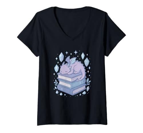 Damen Drache sitzt auf Büchern Fantasy Art T-Shirt mit V-Ausschnitt Damen Drache sitzt auf Büchern Fantasy Art T-Shirt mit V-Ausschnitt von Dragon Bookstack Fantasy Apparel