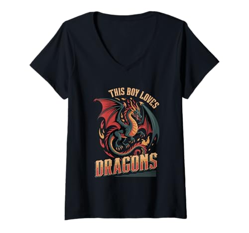 Damen Dieser Junge liebt Dragons Boys Dragon T-Shirt mit V-Ausschnitt von Dragon Designs for Boys Who Love Dragons