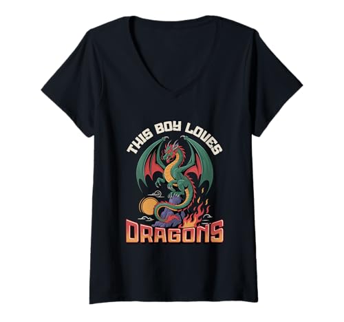Damen Dieser Junge liebt Dragons Boys Dragon T-Shirt mit V-Ausschnitt von Dragon Designs for Boys Who Love Dragons