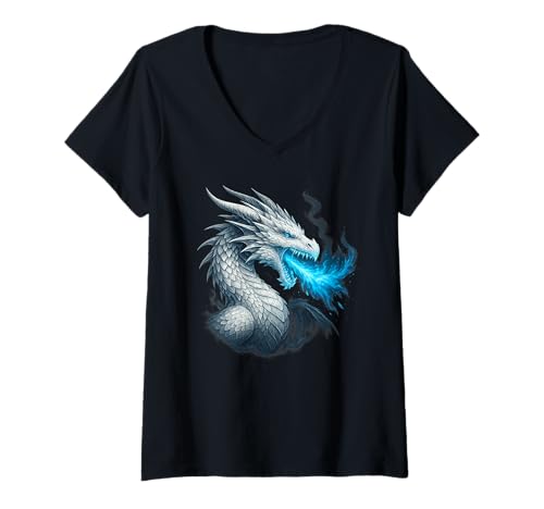 Damen Frostdrache Eisflamme Mythisches Fantasiebest Kaltes Feuer T-Shirt mit V-Ausschnitt Damen Frostdrache Eisflamme Mythisches Fantasiebest Kaltes Feuer T-Shirt mit V-Ausschnitt von Dragon Frost Spirit Apparel