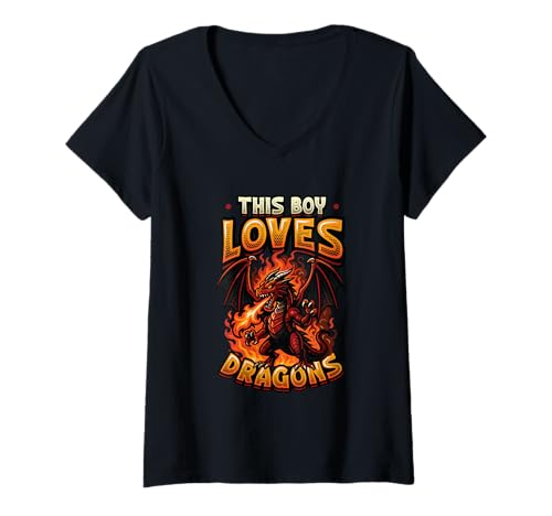 Damen Dragon Lover Kids Dieser Junge liebt Drachen T-Shirt mit V-Ausschnitt von Dragon Lover Apparel for Boys Designs