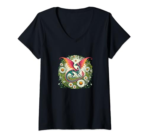 Damen Blumendrache Illustration Gardening Dragons Kunst T-Shirt mit V-Ausschnitt von Dragon Lovers Bubb