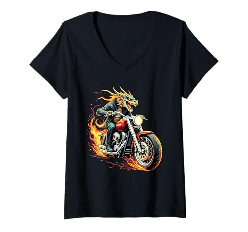 Damen Drache reitet EIN Motorrad Design Lustiger Drache T-Shirt mit V-Ausschnitt Damen Drache reitet EIN Motorrad Design Lustiger Drache T-Shirt mit V-Ausschnitt von Dragon Lovers Designs