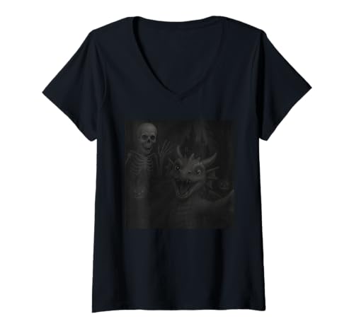 Damen Dragon Selfie with Skeleton Halloween Funny T-Shirt mit V-Ausschnitt von Dragon Selfie With Skeleton Funny Apparel