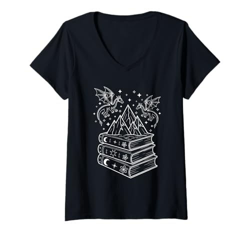 Damen Bücherstapel und Drachen, Bücherwurm, Fantasy-Buchliebhaber T-Shirt mit V-Ausschnitt Damen Bücherstapel und Drachen, Bücherwurm, Fantasy-Buchliebhaber T-Shirt mit V-Ausschnitt von Dragon & Book Lover Apparel