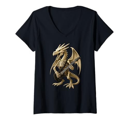 Damen Skelett Drache E-Gitarre Halloween Musik Jungen Mädchen T-Shirt mit V-Ausschnitt Damen Skelett Drache E-Gitarre Halloween Musik Jungen Mädchen T-Shirt mit V-Ausschnitt von DragonAxis1