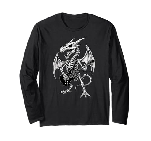 Drachen Skelett Halloween Musik E-Gitarre Jungen Mädchen Langarmshirt von DragonAxis1