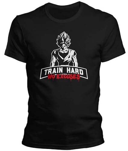 DragonHive Herren T-Shirt Goku Train Hard Bodybuilding Lustiges Trainingsshirt für Männer Tshirt, Größe:4XL, Farbe:Schwarz von DragonHive