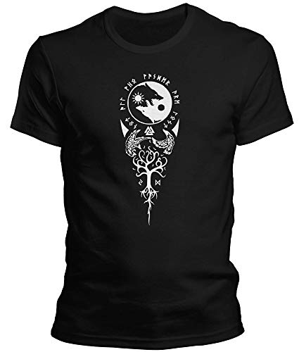 DragonHive Herren T-Shirt Odin Runen Wikinger Baum 1 Rabe Valhalla Rising Walhalla Vikings Wodan - Männer Tshirt, Größe:3XL, Farbe:Schwarz von DragonHive